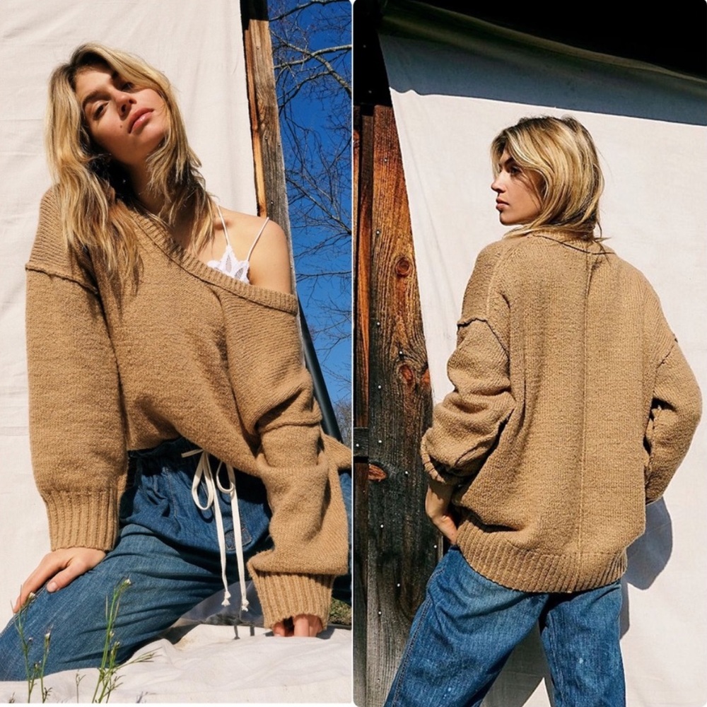 Free People Brookside Tunic Sweater Camel Tan Knit Oversized Sweater